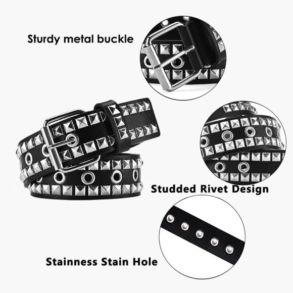 Women's 3 - Black Metal Punk Rock Rivet Belt With Bright Pyramid Studded - Picture 4 of 8